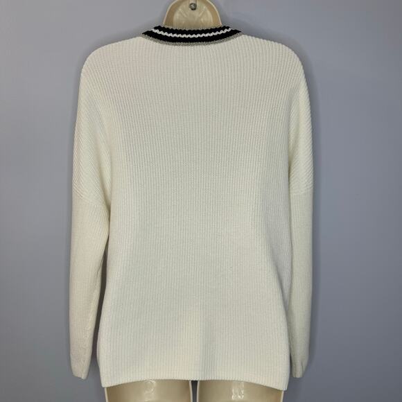 Maje Meteo Ribbed V Neck Sweater Tennis Preppy Cotton Off White Sz 3 Large - Picture 4 of 13